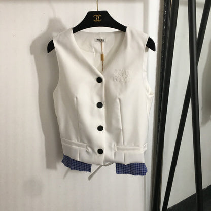 25 Summer new letter logo embroidered patch V-neck suit vest jacket + plaid splicing pleated short skirt suit