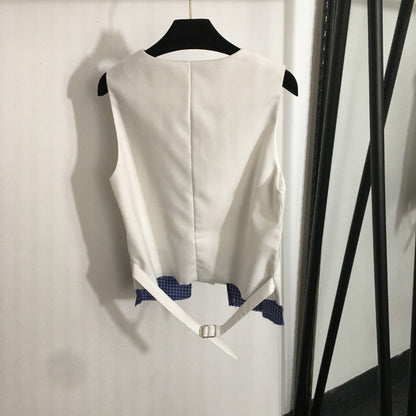 25 Summer new letter logo embroidered patch V-neck suit vest jacket + plaid splicing pleated short skirt suit