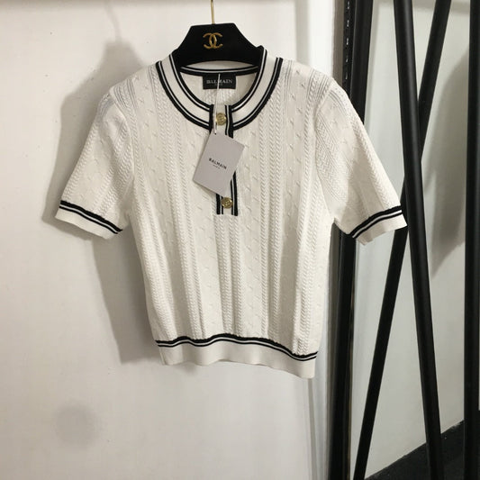 25 Summer new letter button color matching round neck short sleeve knitted sweater top