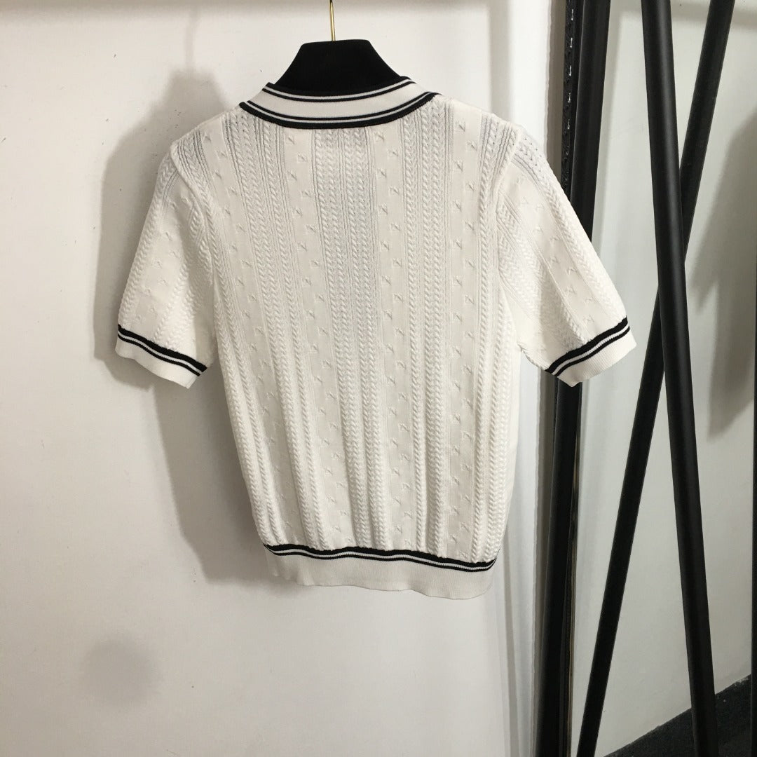 25 Summer new letter button color matching round neck short sleeve knitted sweater top