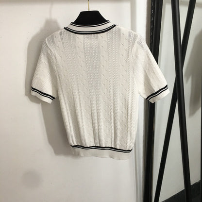 25 Summer new letter button color matching round neck short sleeve knitted sweater top