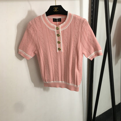 25 Summer new letter button color matching round neck short sleeve knitted sweater top