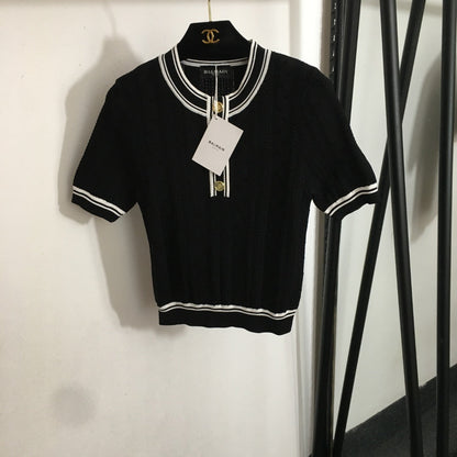 25 Summer new letter button color matching round neck short sleeve knitted sweater top