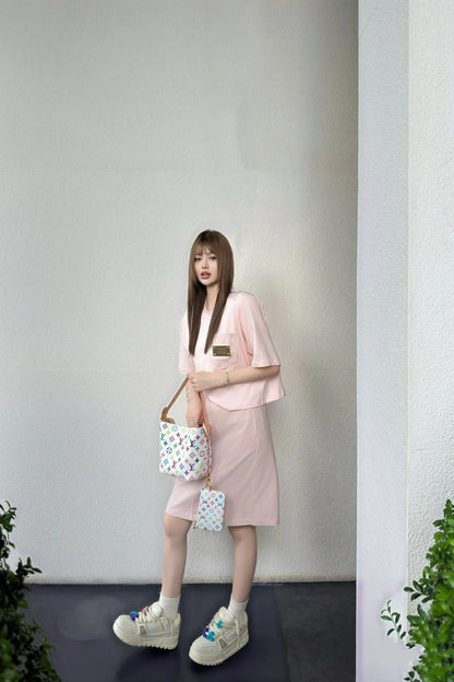 2025 new short pocket metal short-sleeved T-shirt with the same midi skirt