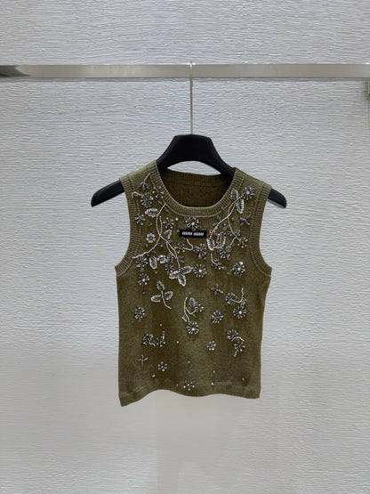 25ss Heavy industry nail bead rhinestone knitted vest