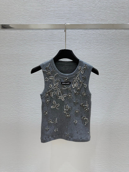 25ss Heavy industry nail bead rhinestone knitted vest