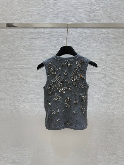 25ss Heavy industry nail bead rhinestone knitted vest
