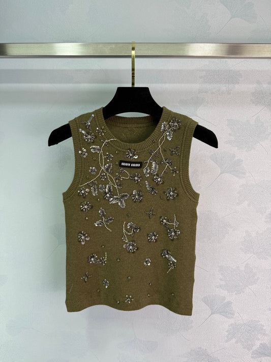 25ss Heavy industry nail bead rhinestone knitted vest