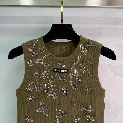 25ss Heavy industry nail bead rhinestone knitted vest
