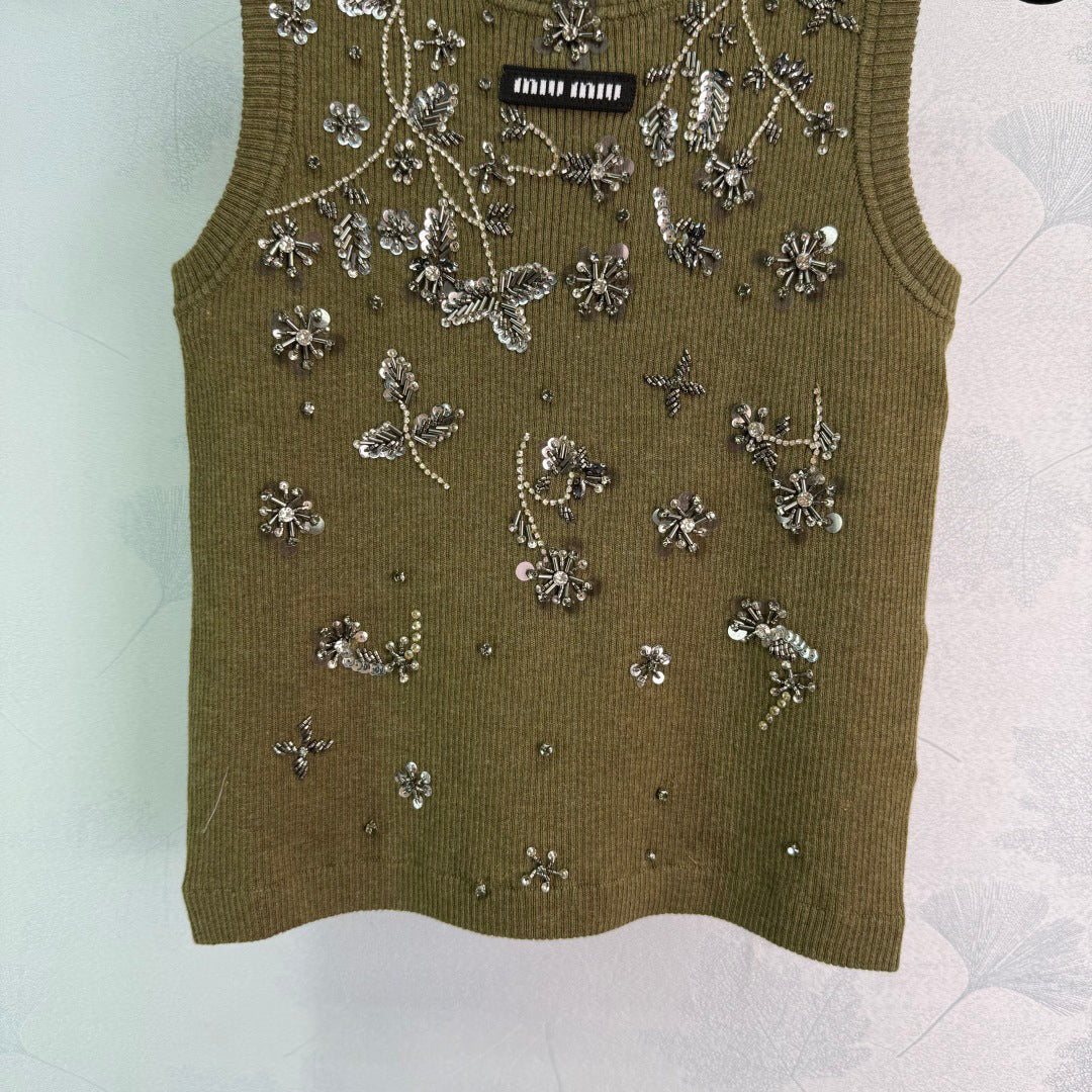 25ss Heavy industry nail bead rhinestone knitted vest