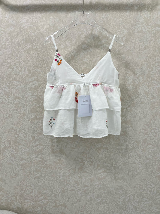 25 Summer new white color thread embroidery retro pure desire camisole