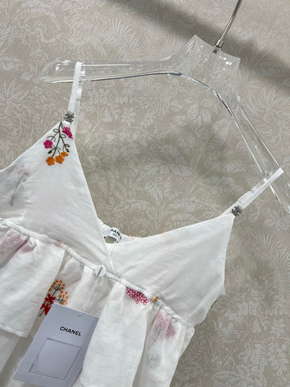 25 Summer new white color thread embroidery retro pure desire camisole