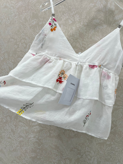 25 Summer new white color thread embroidery retro pure desire camisole