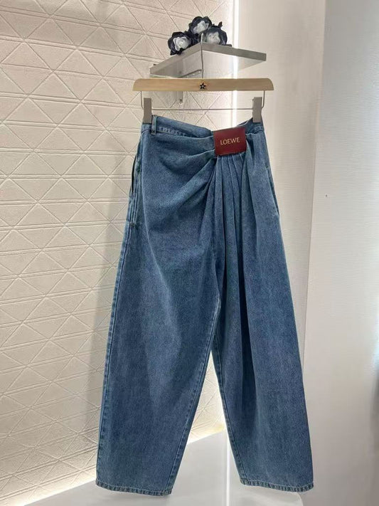 25ss Leather label pleated fashionable denim pants