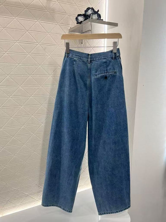 25ss Leather label pleated fashionable denim pants