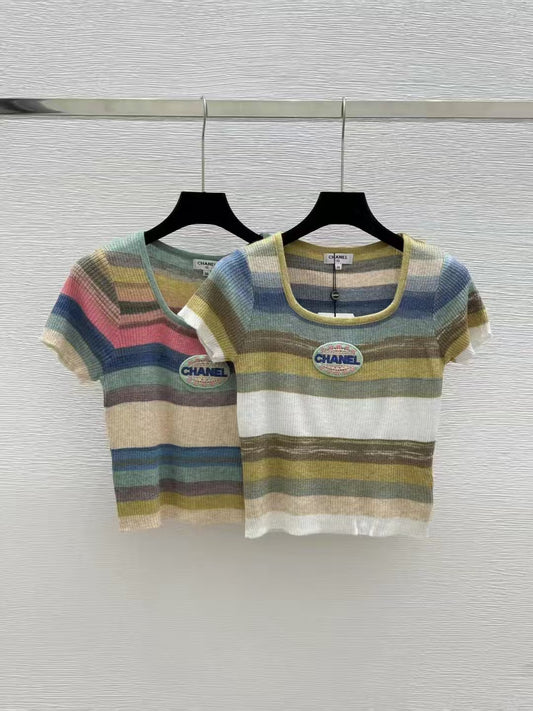 2025 Summer New Color Striped Knitted Short Sleeve Top