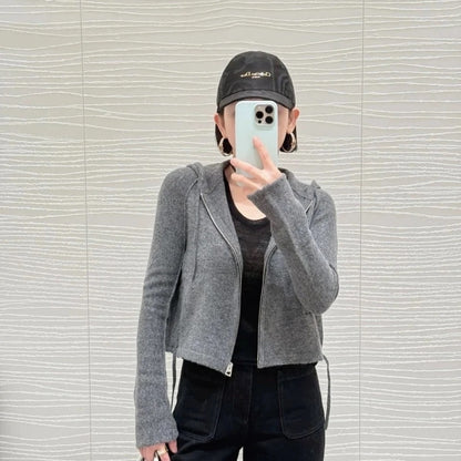 2025 Early Autumn New Hooded Long Sleeve Zipper Cardigan