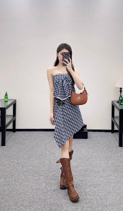2025 Summer New Plaid Tube Top Miniskirt Set