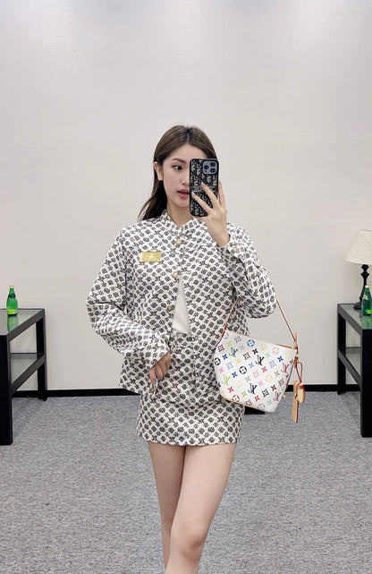 2025 Summer New Printed Denim Jacket Coat Short Skirt Suit