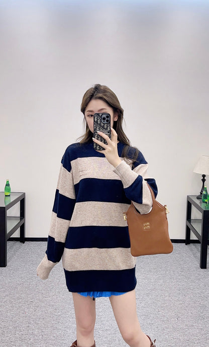 2025 Summer New Arrival Letter Striped Round Neck Sweater
