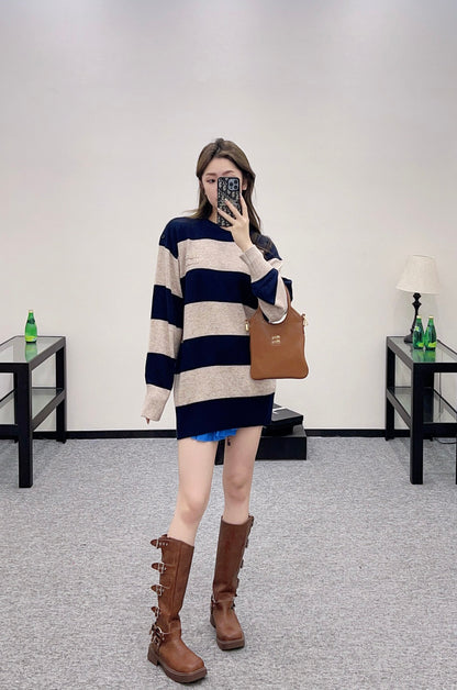 2025 Summer New Arrival Letter Striped Round Neck Sweater