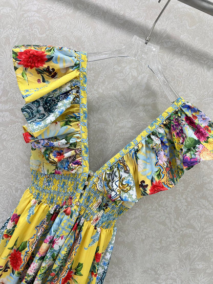 25 Summer new long printed back strap dress