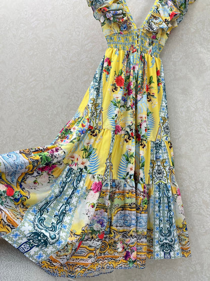 25 Summer new long printed back strap dress