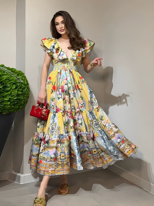 25 Summer new long printed back strap dress