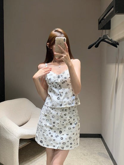 25Ss Spring and Summer New Style Printed Denim Tank Top + Short Skirt Set |