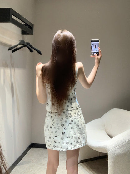 25Ss Spring and Summer New Style Printed Denim Tank Top + Short Skirt Set |