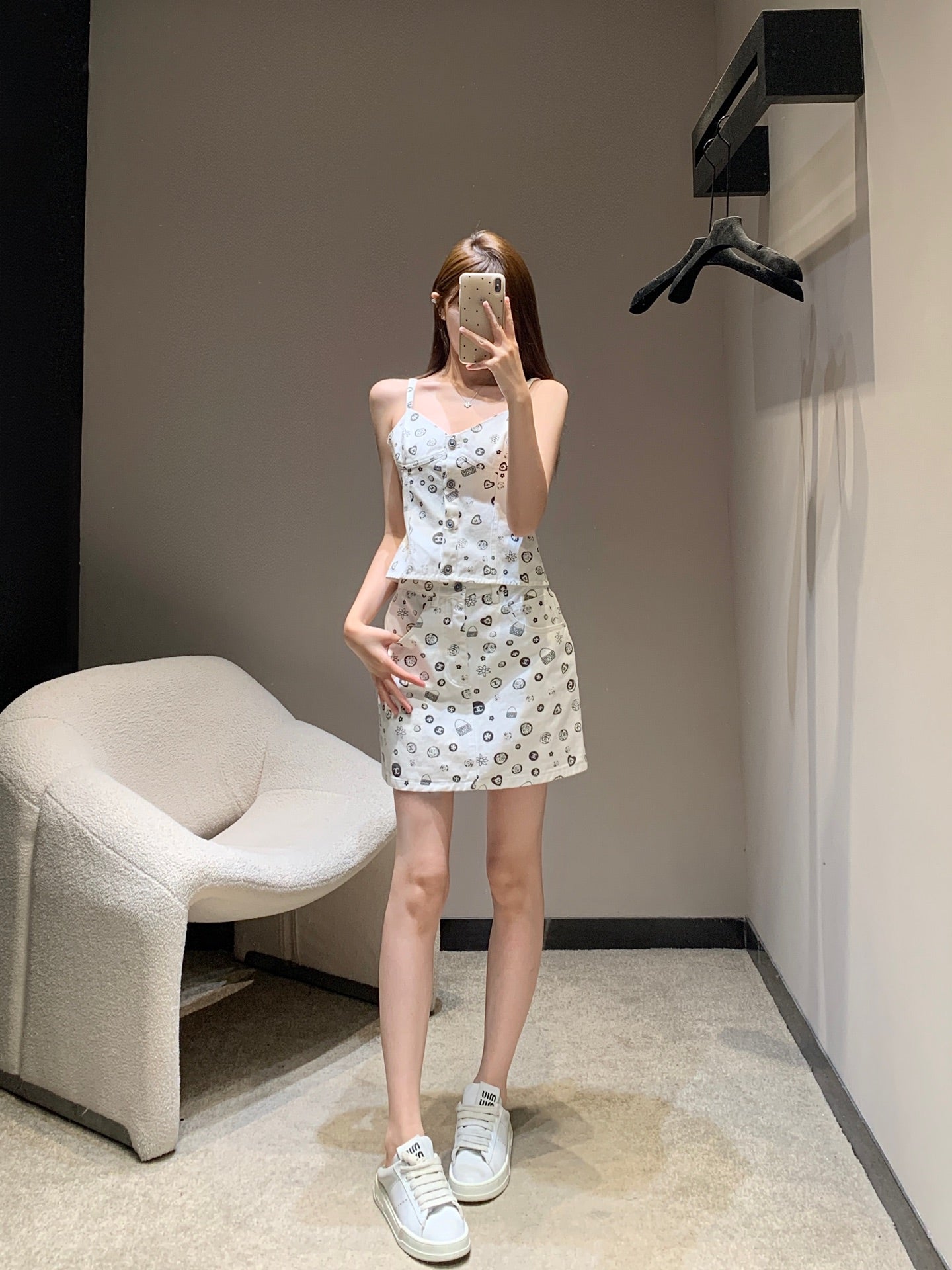 25Ss Spring and Summer New Style Printed Denim Tank Top + Short Skirt Set |