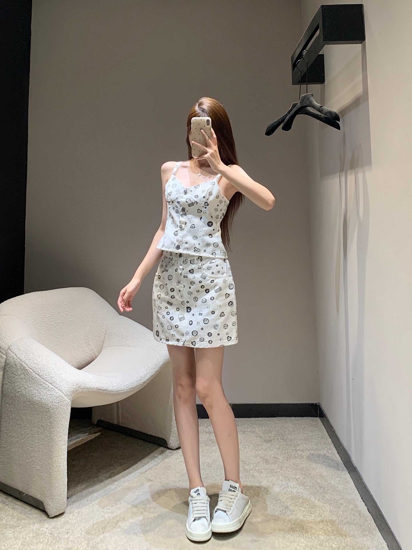 25Ss Spring and Summer New Style Printed Denim Tank Top + Short Skirt Set |