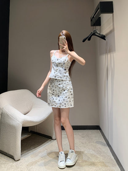 25Ss Spring and Summer New Style Printed Denim Tank Top + Short Skirt Set |