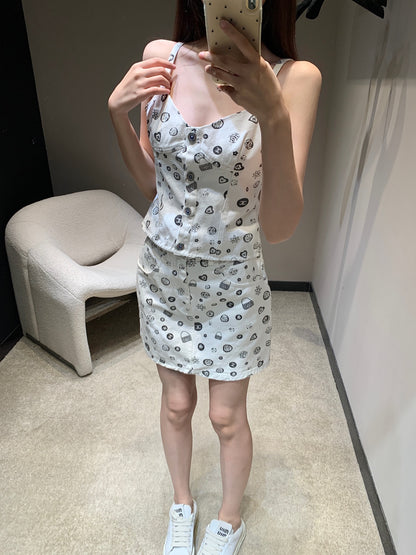 25Ss Spring and Summer New Style Printed Denim Tank Top + Short Skirt Set |