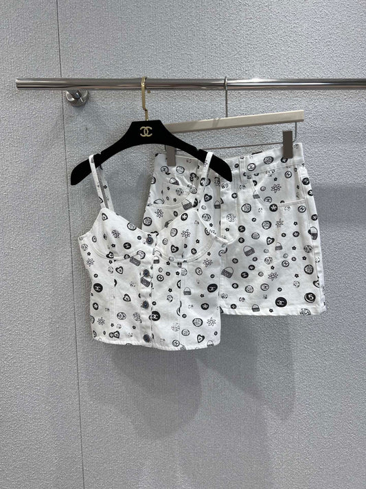 25Ss Spring and Summer New Style Printed Denim Tank Top + Short Skirt Set |
