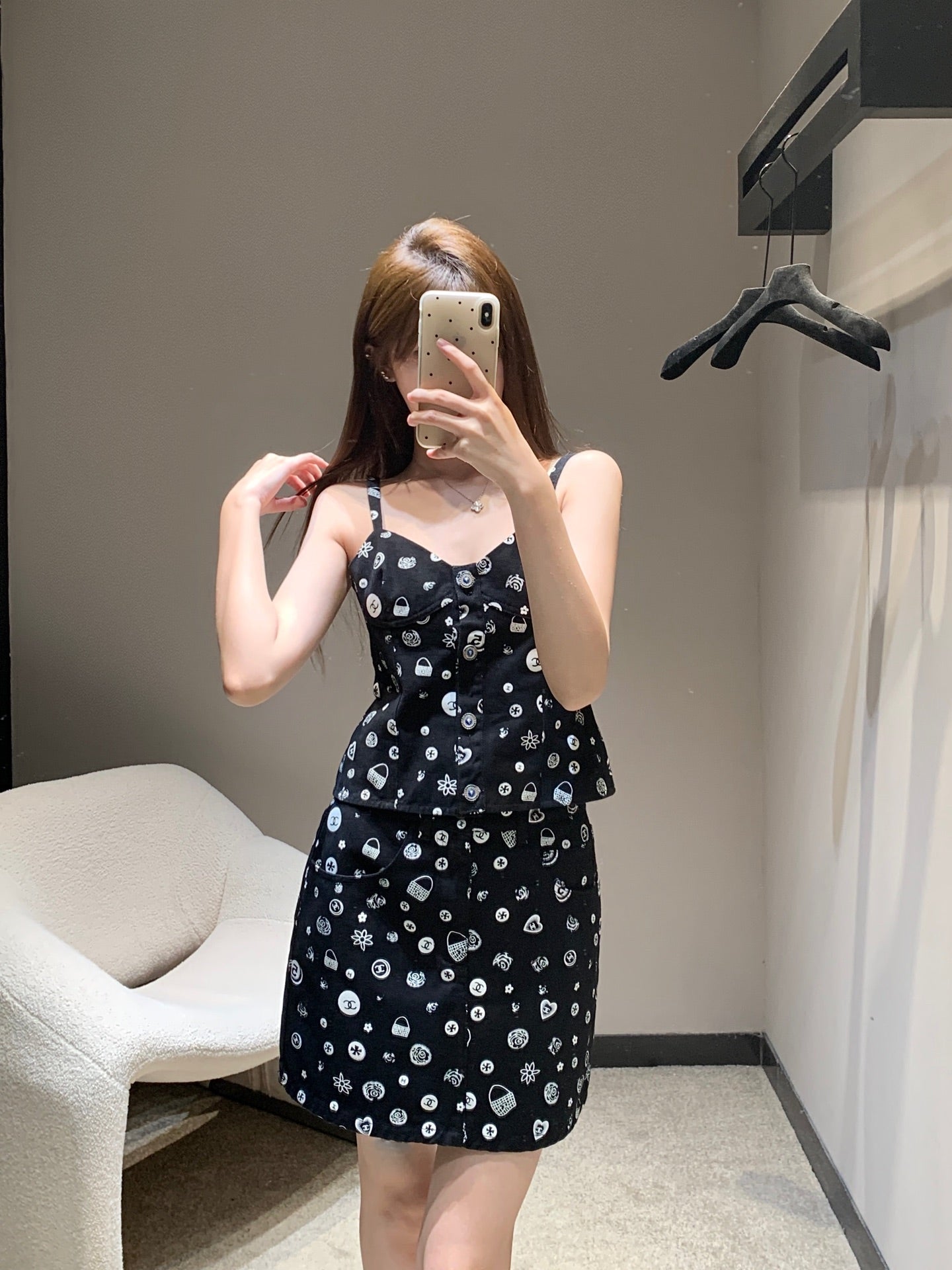 25Ss Spring and Summer New Style Printed Denim Tank Top + Short Skirt Set |