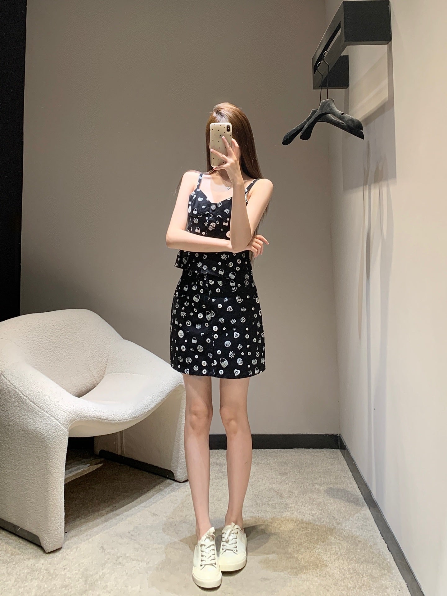 25Ss Spring and Summer New Style Printed Denim Tank Top + Short Skirt Set |