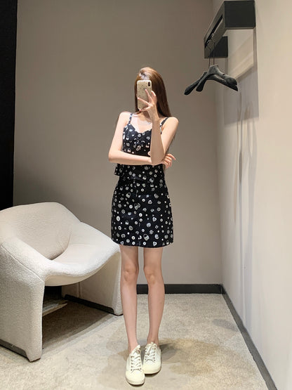 25Ss Spring and Summer New Style Printed Denim Tank Top + Short Skirt Set |