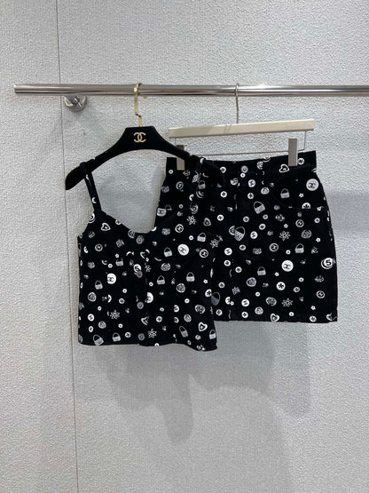 25Ss Spring and Summer New Style Printed Denim Tank Top + Short Skirt Set |