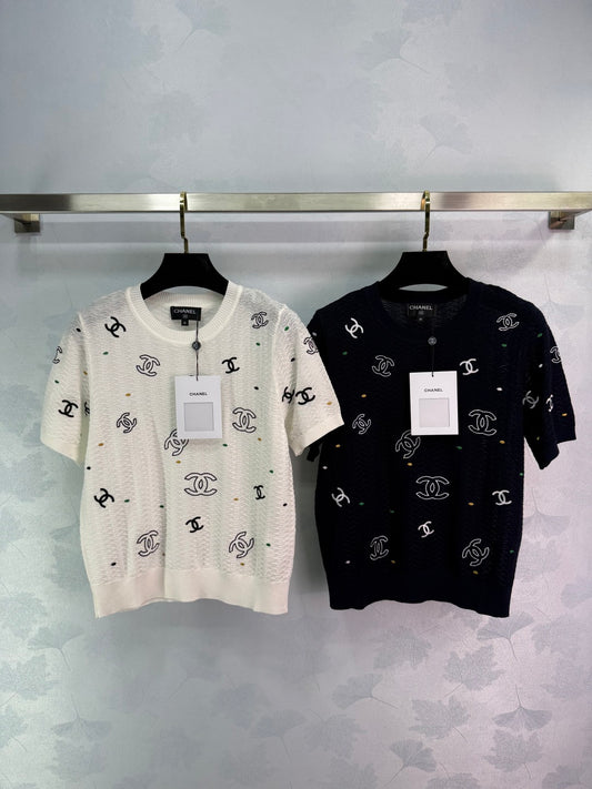 25ss Embroidered letter knitted short sleeved shirt