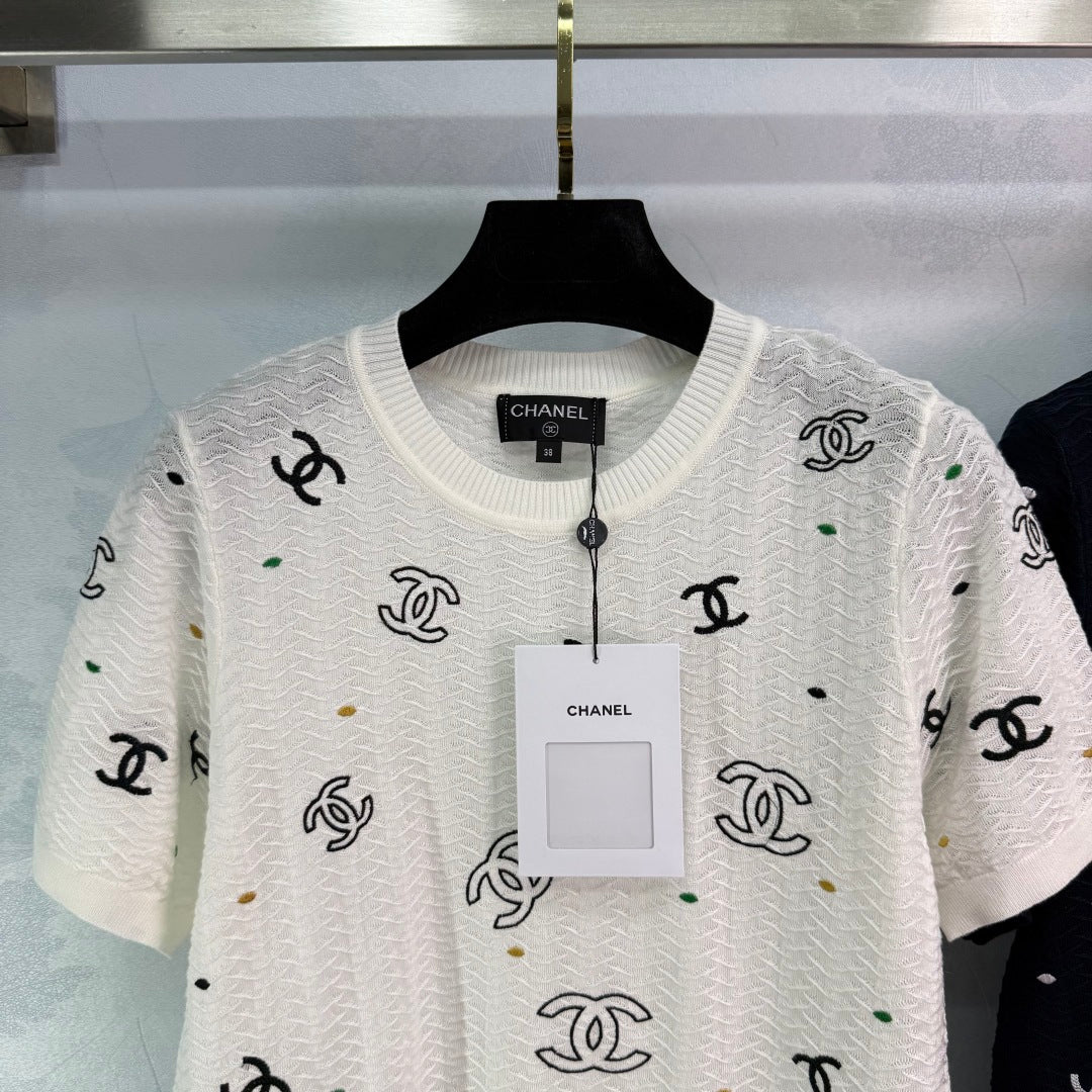 25ss Embroidered letter knitted short sleeved shirt