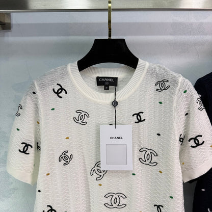 25ss Embroidered letter knitted short sleeved shirt