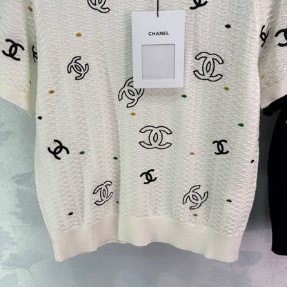 25ss Embroidered letter knitted short sleeved shirt