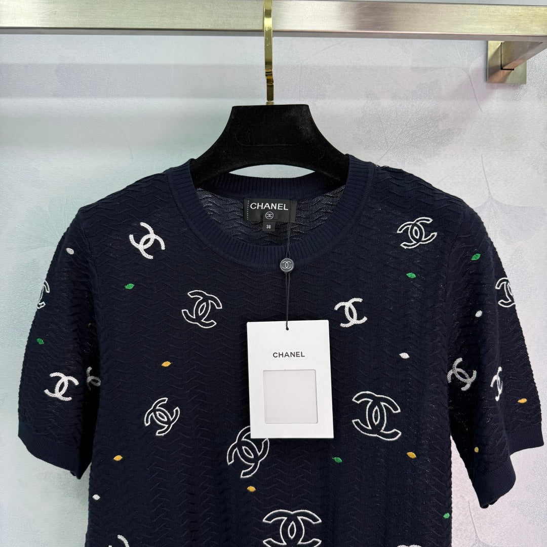 25ss Embroidered letter knitted short sleeved shirt