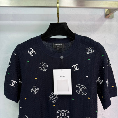 25ss Embroidered letter knitted short sleeved shirt
