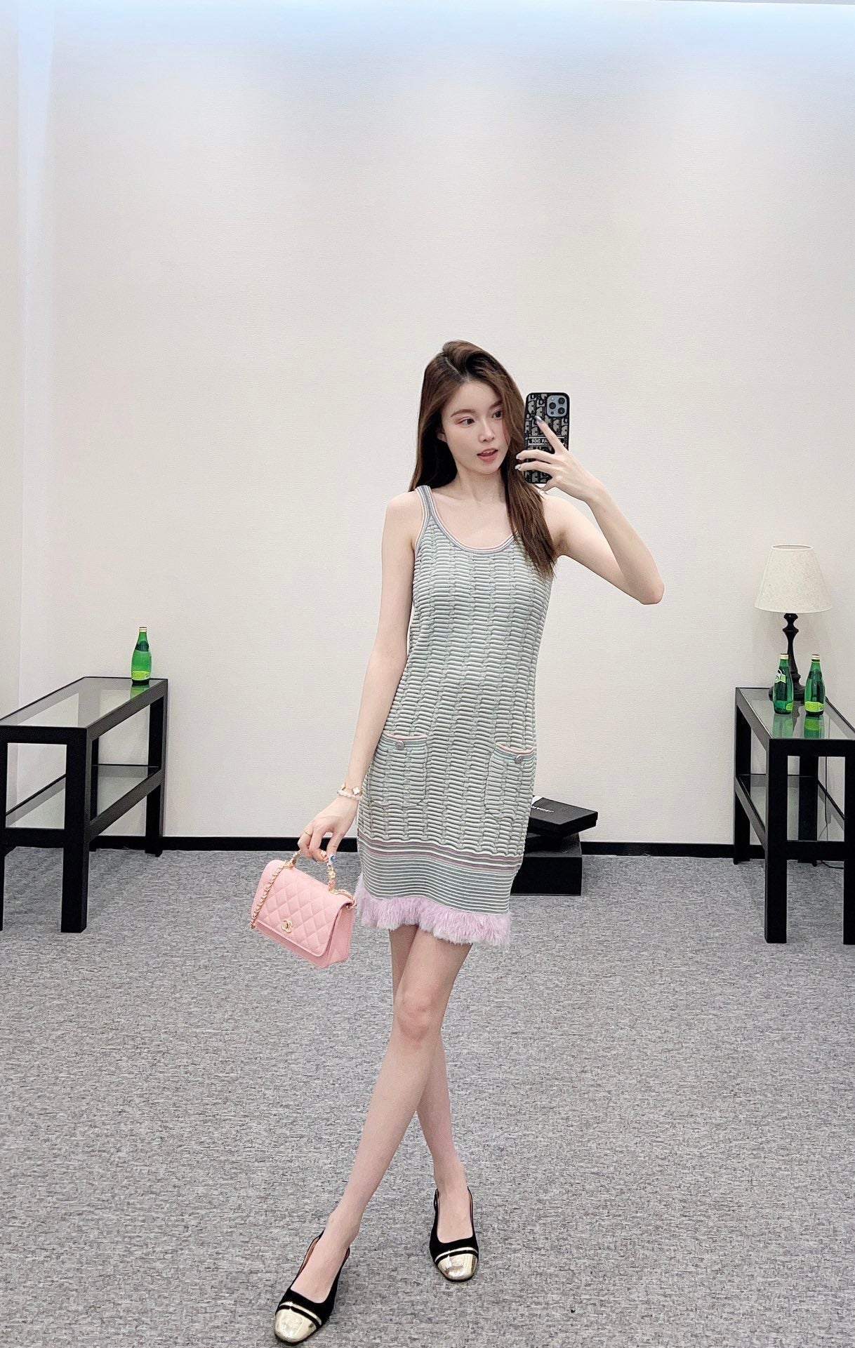 2025 Early Autumn New Arrival Flowing Contrast Color Knitted Suspender Skirt