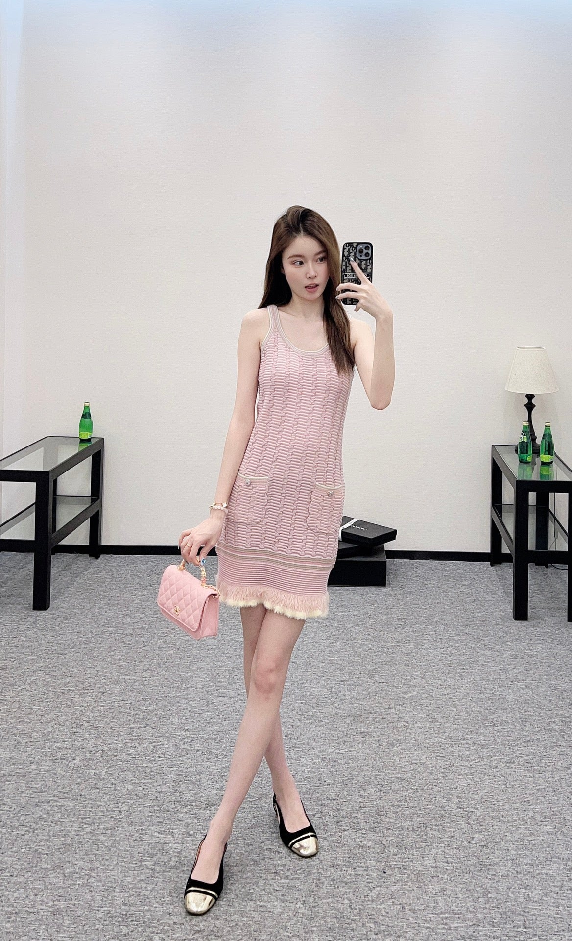2025 Early Autumn New Arrival Flowing Contrast Color Knitted Suspender Skirt