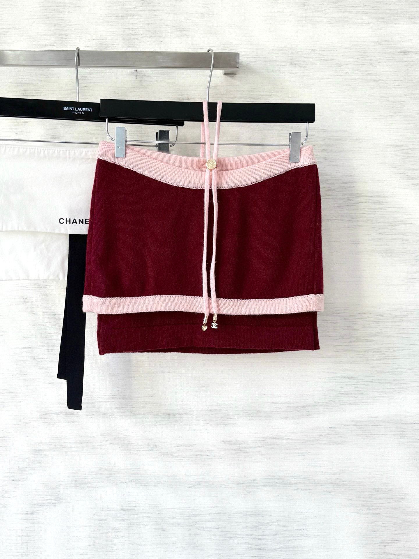 Pure wool, custom-colored and dyed, contrast-colored stitching, and camisole
