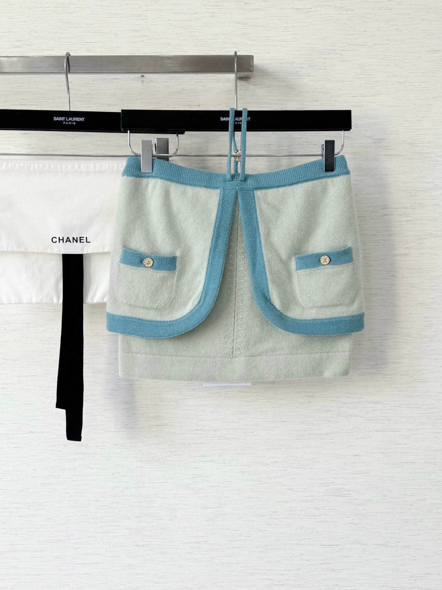 Pure wool, custom-colored and dyed, contrast-colored stitching, and camisole