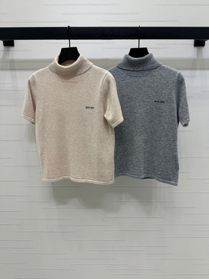 2025 early autumn new high collar knitted short sleeves